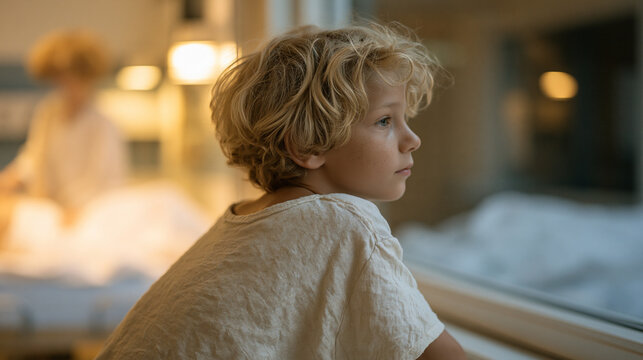 child in a hospital corridor watching a massage therapist work through a window identity based habit self concept healing observation pediatric ward therapeutic perspective young