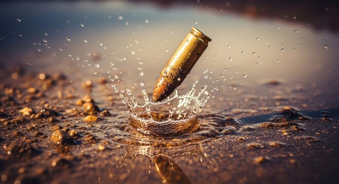Dramatic close-up of a brass bullet casing splashing into muddy water, creating dynamic water splashes and droplets