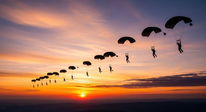 Dramatic formation of skydivers parachuting at sunset with vibrant orange and purple sky