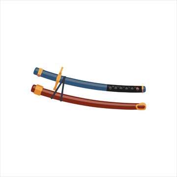 Flat vector illustration of a traditional Japanese katana sword partially drawn from its brown scabbard.