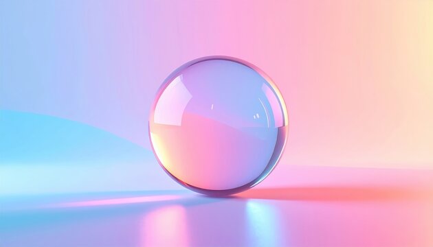 Transparent glass sphere floating on pastel background, futuristic minimal design