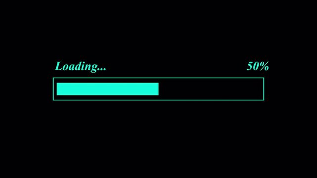 Cyan loading bar process 4k animation, loading bar 0-100 on blackground.
