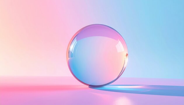 Transparent glass sphere floating on pastel background, futuristic minimal design