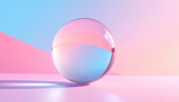 Transparent glass sphere floating on pastel background, futuristic minimal design