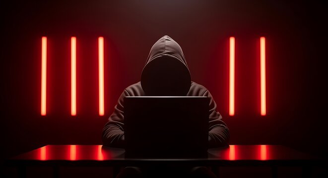Hacker Working on Laptop in Dark Room with Ominous Red Neon Lights