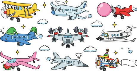 Cute Cartoon Airplane Characters Vector Illustration Set with Funny Anthropomorphic Planes Jets and Biplanes for Children Transportation Graphic Designs © Remi