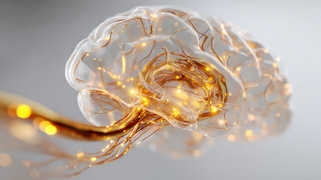 Transparent glowing brain with illuminated neural pathways, symbolizing neuroscience, artificial intelligence, cognition, memory, brain activity, innovation and advanced medical research