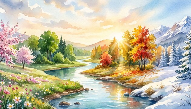 Four Seasons Panoramic Watercolor Landscape with Blossoms Summer Forest Autumn Trees and Winter Mountains