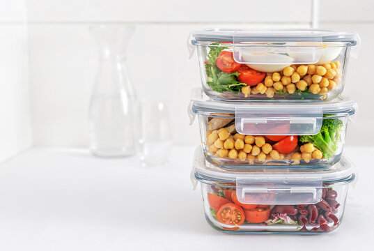 Stack of healthy meal prep glass containers