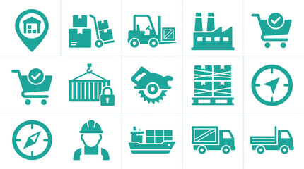 Fototapeta premium Set of 15 teal logistics and industrial vector icons on a white background including warehouse location pin, forklift, shipping container, factory, delivery truck, cargo ship, and worker.