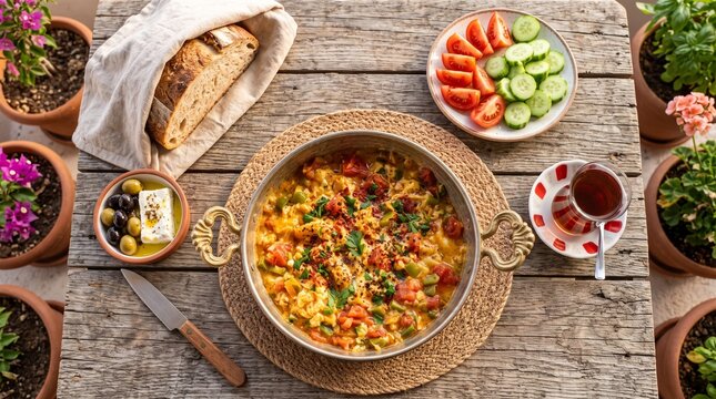 Traditional Turkish breakfast with menemen eggs, fresh bread, and tea served on a rustic wooden table