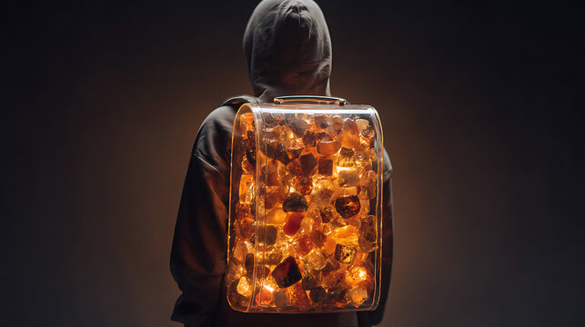 Person carrying a transparent backpack filled with glowing amber stones, symbolizing emotional resilience, inner strength, healing, hope, personal growth and mental health recovery