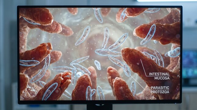 Medical illustration of parasitic protozoa infection in the intestinal mucosa displayed on a monitor for microbiology research healthcare and medicine studies on diarrhea and digestive health.