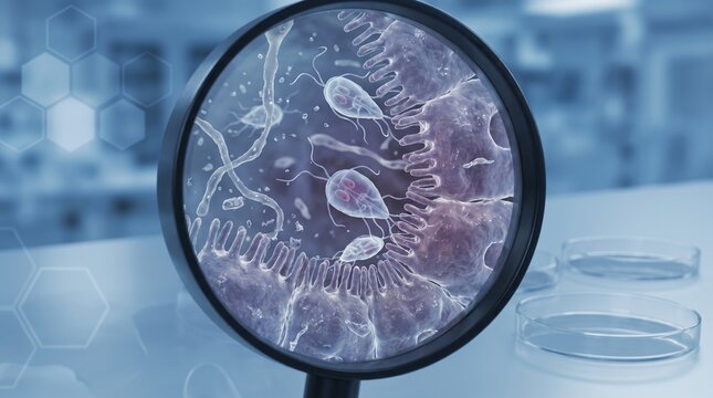 Microscopic view of Giardia lamblia parasite infection causing diarrhea and intestinal disease in a microbiology laboratory setting for healthcare and medical research analysis and study.
