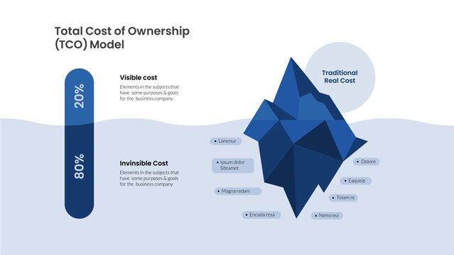 TCO total cost of ownership model infographic with low poly iceberg showing twenty percent visible cost and eighty percent invisible cost