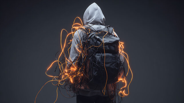 Mental health concept of a person carrying tangled glowing wires, symbolizing anxiety, stress, emotional overload, burnout, intrusive thoughts, psychological pressure, and inner struggle