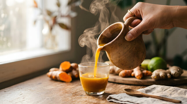 Steaming golden turmeric jamu being poured from a clay jug into a glass on a rustic table.