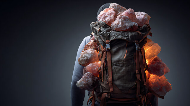 Person carrying an oversized backpack filled with heavy rocks, symbolizing emotional burden, chronic stress, anxiety, burnout, resilience, mental health struggles and inner emotional weight