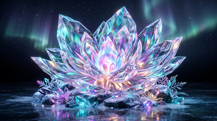 Obraz premium Radiant Crystal Lotus Flower Amidst Magical Aurora Borealis Night Sky Background Design