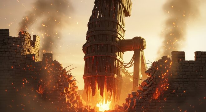Epic fantasy castle siege with fiery catapults, smoke, and destruction under a dramatic sky