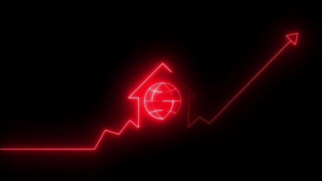 Home icon house sign neon lights animation with up arrow earth global icon. Neon House, home building animation. Neon home business graph icon animation. Globe Cool linear animated 4k video animation.