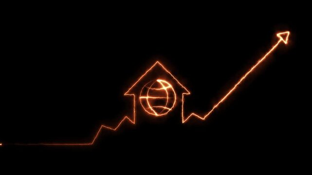 Home icon house sign neon lights animation with up arrow earth global icon. Neon House, home building animation. Neon home business graph icon animation. Globe Cool linear animated 4k video animation.