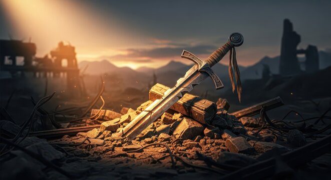 Epic medieval sword stuck in rubble of destroyed ancient ruins at dramatic sunset, symbolizing the end of an era