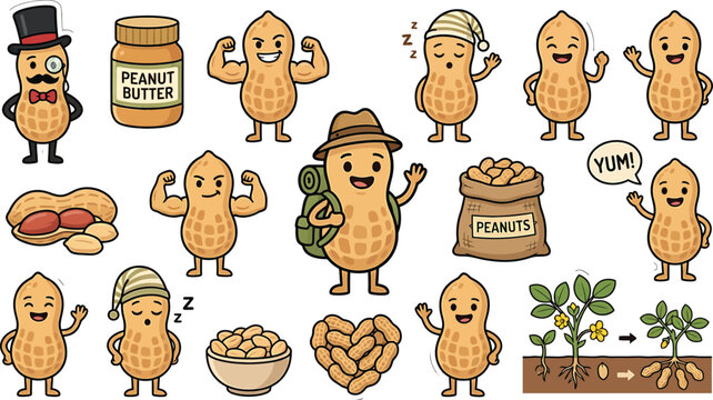 Cute peanut character sticker set with various activities and food products in a flat vector style