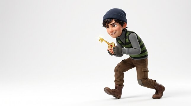 輝く金の鍵を持って忍び足で進むかわいい3D泥棒キャラクター 白背景イラスト