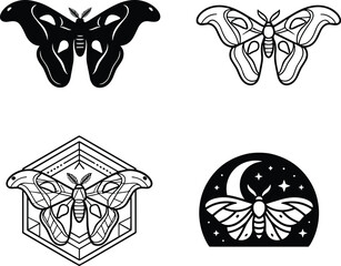 Atlas Moth Logo Template Set Featuring Black Solid Silhouette Hexagon Linear Line Art And Crescent Moon Night BadgesAtlas Moth Logo Template Set Featuring Black Solid Silhouette Hexagon Linear Line Ar © Mohammad