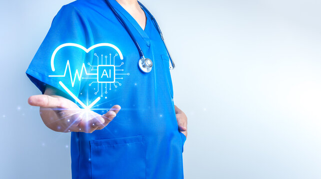Doctor presenting AI healthcare concept with digital heart interface. Smart healthcare, healthtech, medical innovation technology, digital health, and future AI-powered medical solutions concept.