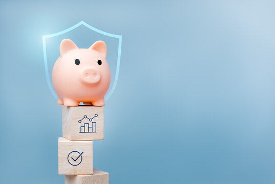Piggy bank protected by security shield. Money saving, financial security, asset protection, wealth preservation, safe investment, financial planning, risk management, and long term stability concept.
