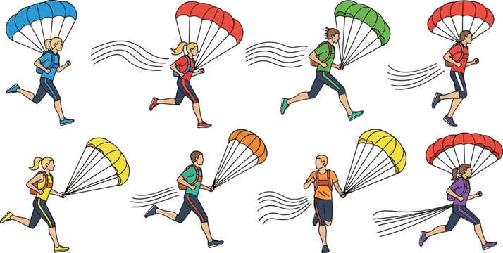 Diverse group of people running with parachutes representing speed adventure and sport isolated on white background for design