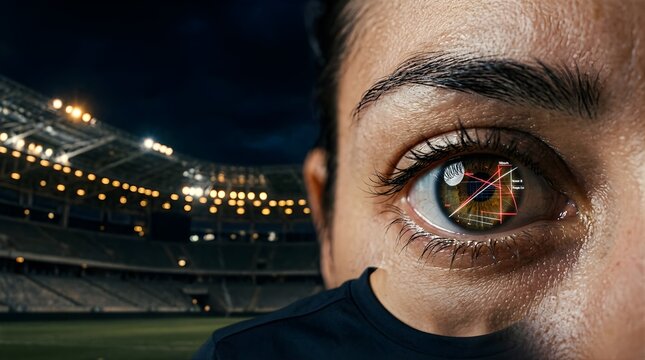 Human eye with digital laser scan overlay against a blurred stadium background