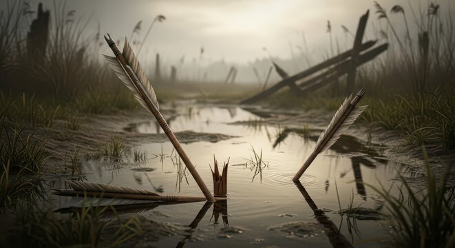 Fallen arrows in muddy water, old fence ruins, and misty marshland landscape at dawn