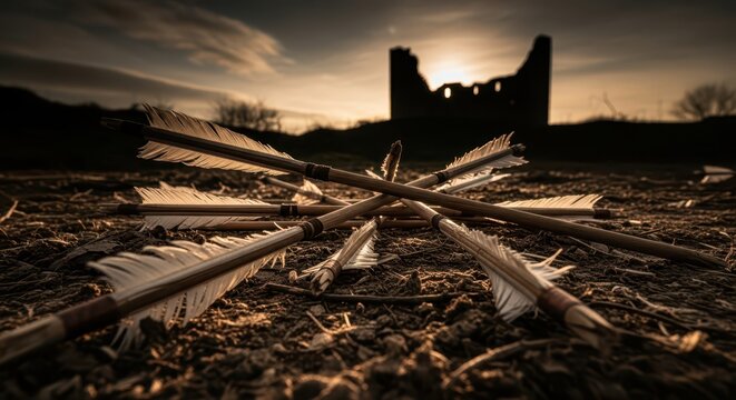 Fallen Arrows Scattered on Ground in Front of Ruined Castle Silhouette at Sunset