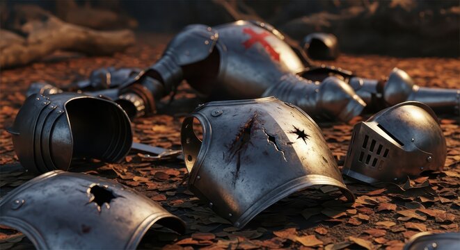 Fallen Knight's Armor Lying Scattered on the Ground, Showing Damage and Defeat