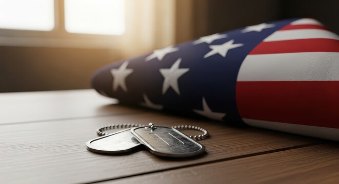 Fallen Soldier's Tribute: American Flag and Dog Tags Laid on Wooden Surface, Symbolizing Sacrifice and Remembrance