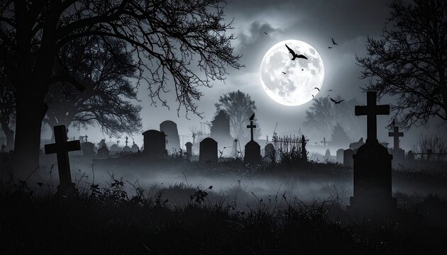Moonlit Graveyard Scene with Tombstones and Birds