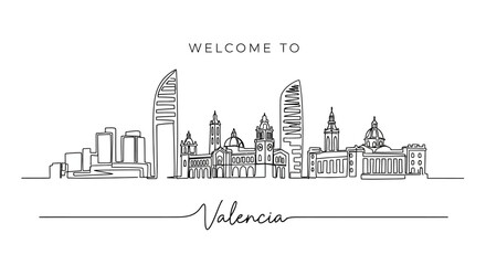 Obraz premium Modern and Historic Valencia Skyline, Single Line Drawing with 