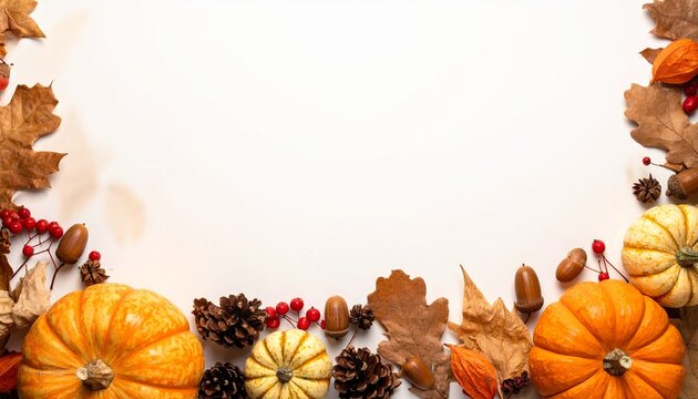 Autumn Pumpkins and Pinecones Frame on White Background