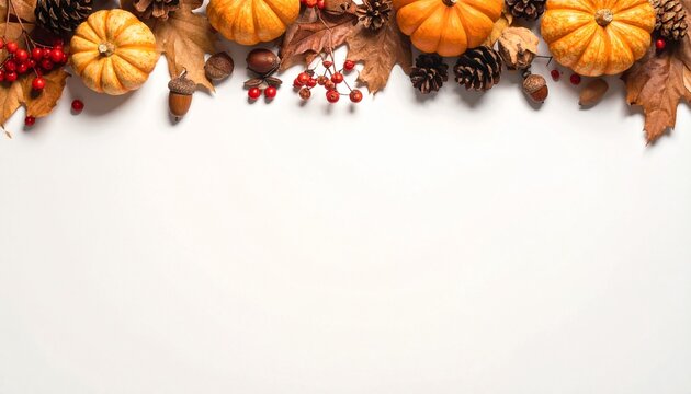 Autumn Pumpkins and Pinecones Frame on White Background