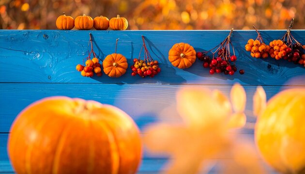 Pumpkins and Berries on Blue Wooden Surface