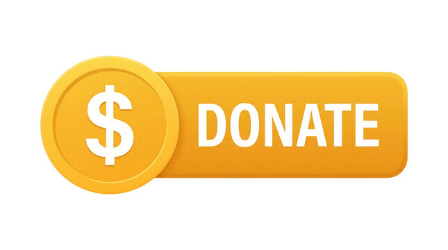 Glossy orange rounded donation button with white text and circular gold coin icon featuring bold