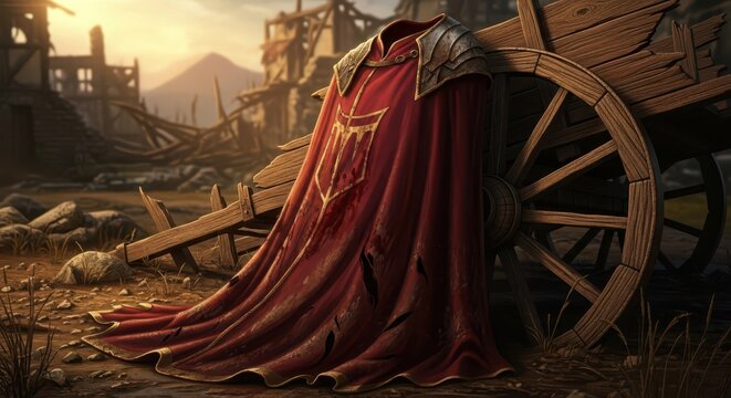 Fantasy King's Abandoned Red Cape and Armor Drape on Old Wooden Cart in Ruined Medieval Village at Sunset