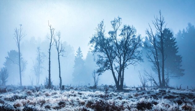 Misty Frosted Autumn Landscape with Bare Trees