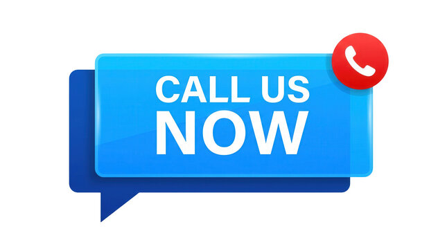 Blue speech bubble icon with white CALL US NOW text and red telephone button element isolated