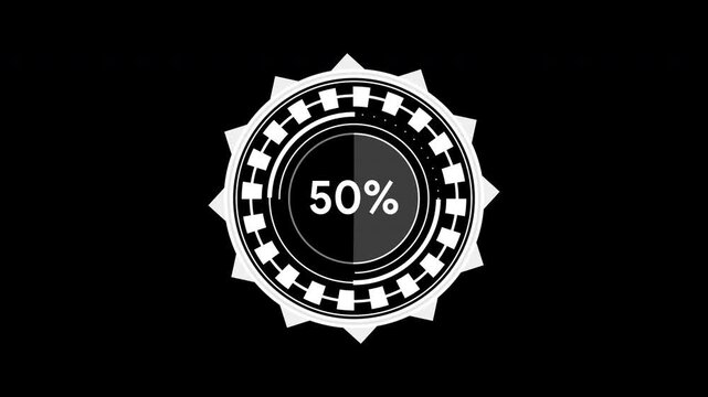 Futuristic hud loading progress from 0 to 100 with rotating white circular sci-fi interface on black background