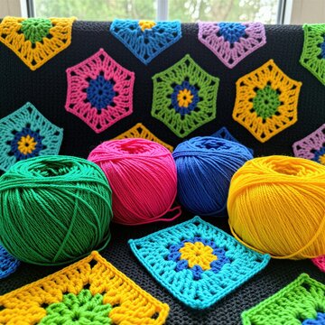 Colorful yarn skeins and granny squares are arranged. Handmade crochet motifs and knitting supplies are set on dark surface. Craft hobby materials are ready for making projects. Home decor items.
