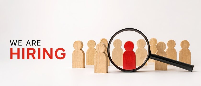 We are hiring recruitment banner with wooden peg people and a magnifying glass highlighting one red candidate among a neutral crowd on a clean white background with copy space